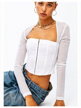 WITH JEAN White Al Long Sleeve White Mesh Corset Top